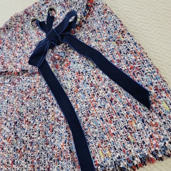 Parker Multi Color Tweed Skirt Velvet Ribbon tie Faux Wrap Size 4 - Picture 2 of 15